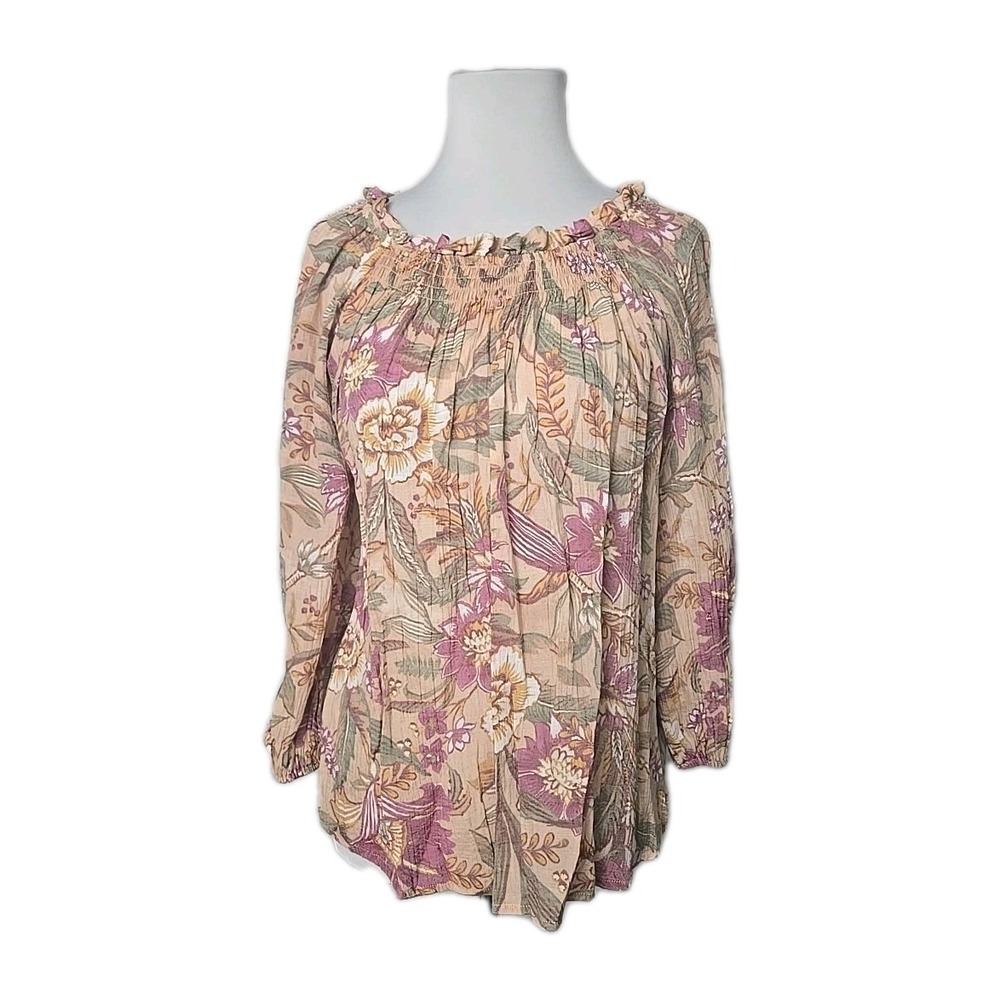 Spence Earth-Tone Floral Smocked Off-Shoulder‎ Blouse Top Petite Large PL